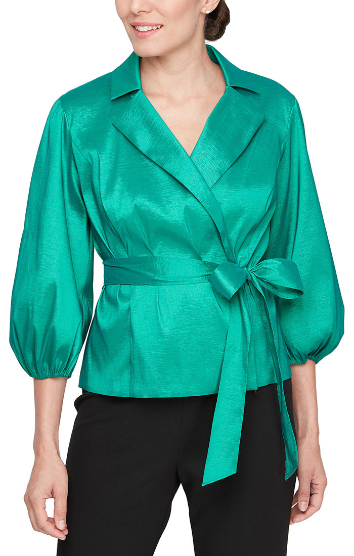 Petite 3/4 Sleeve Surplice Stretch Taffeta Blouse with Collar, Balloon Hem Sleeve and Tie Belt