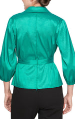 3/4 Sleeve Surplice Stretch Taffeta Blouse with Collar, Balloon Hem Sleeve and Tie Belt