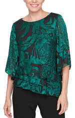 3/4 Sleeve Chiffon Printed Blouse With Illusion Sleeves and Asymmetric Triple Tier Hem