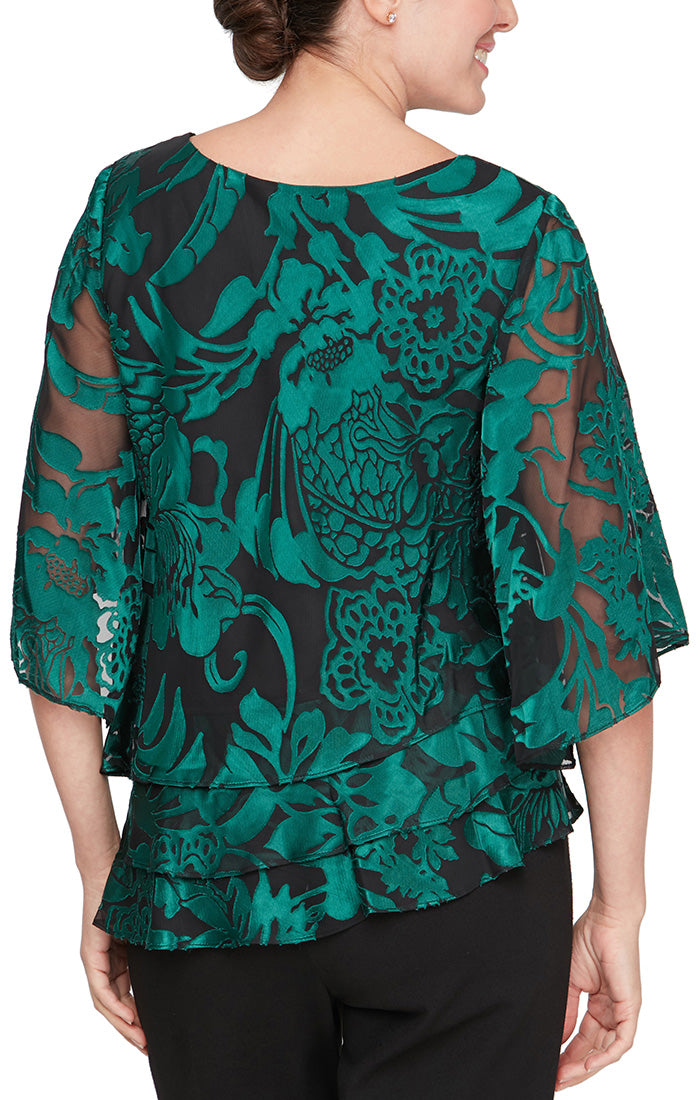 3/4 Sleeve Chiffon Printed Blouse With Illusion Sleeves and Asymmetric Triple Tier Hem