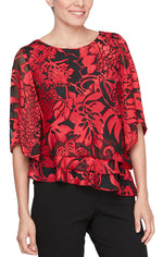 Petite 3/4 Sleeve Printed Blouse With Illusion Sleeves and Asymmetric Triple Tier Hem