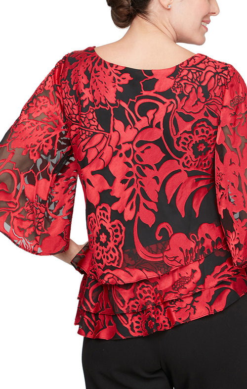 Petite 3/4 Sleeve Printed Blouse With Illusion Sleeves and Asymmetric Triple Tier Hem