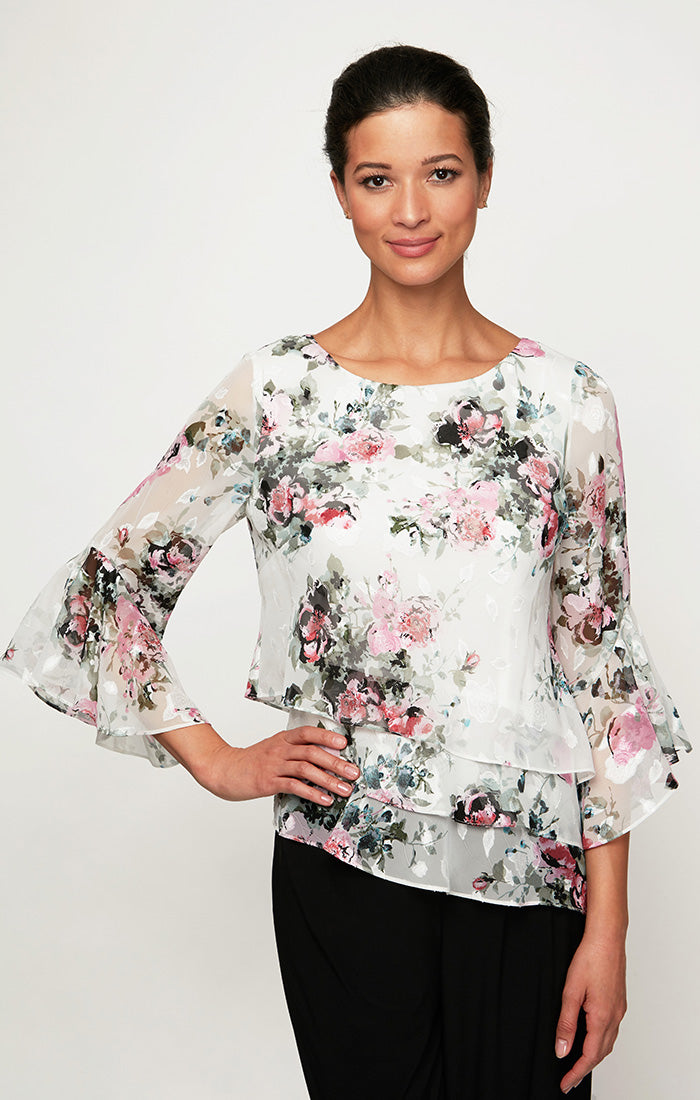 Floral Chiffon Blouse with Triple Tier Asymmetric Hem and Bell Sleeves