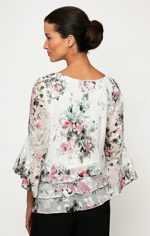 Floral Chiffon Blouse with Triple Tier Asymmetric Hem and Bell Sleeves