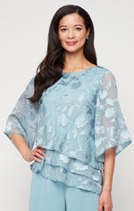 Burnout Chiffon Blouse with Asymmetrical Triple Tier Hem & Illusion Sleeves