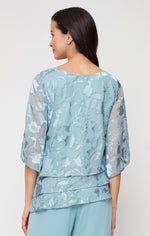 Burnout Chiffon Blouse with Asymmetrical Triple Tier Hem & Illusion Sleeves