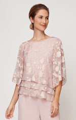 Petite Burnout Chiffon Blouse with Asymmetrical Triple Tier Hem & Illusion Sleeves