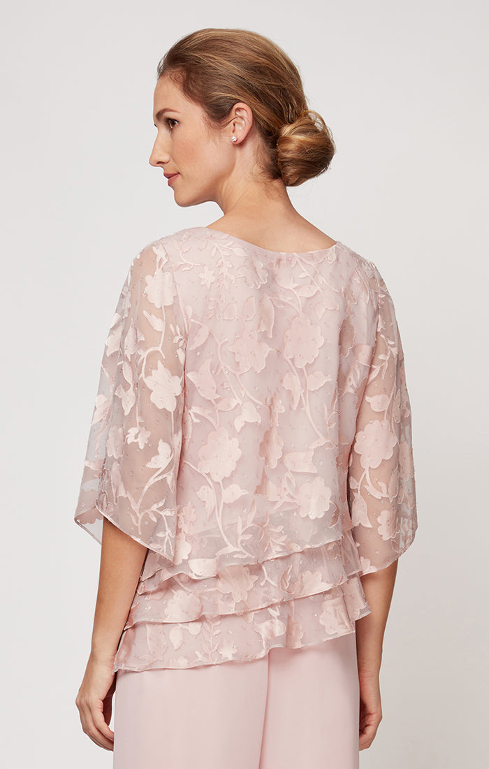 Burnout Chiffon Blouse with Asymmetrical Triple Tier Hem & Illusion Sleeves
