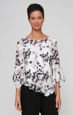 3/4 Sleeve Printed Chiffon Blouse with Asymmetric Tiered Hem & Pointed Hem Sleeves