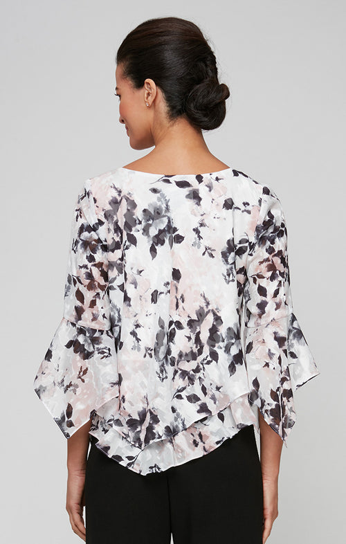 3/4 Sleeve Printed Chiffon Blouse with Asymmetric Tiered Hem & Pointed Hem Sleeves