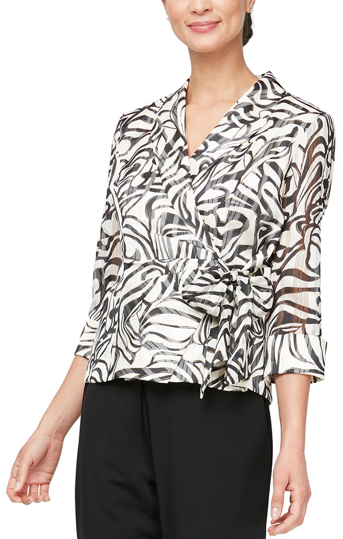 Petite 3/4 Sleeve Printed Side Closure Blouse with Collar