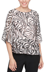 3/4 Sleeve Printed Chiffon Blouse with Asymmetric Triple Tier Hem