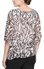 3/4 Sleeve Printed Chiffon Blouse with Asymmetric Triple Tier Hem