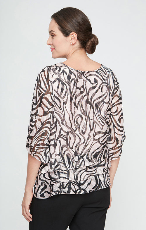 3/4 Sleeve Printed Chiffon Blouse with Asymmetric Triple Tier Hem