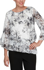 3/4 Sleeve Printed Chiffon Blouse with Bell Sleeves and Asymmetric Triple Tier Hem