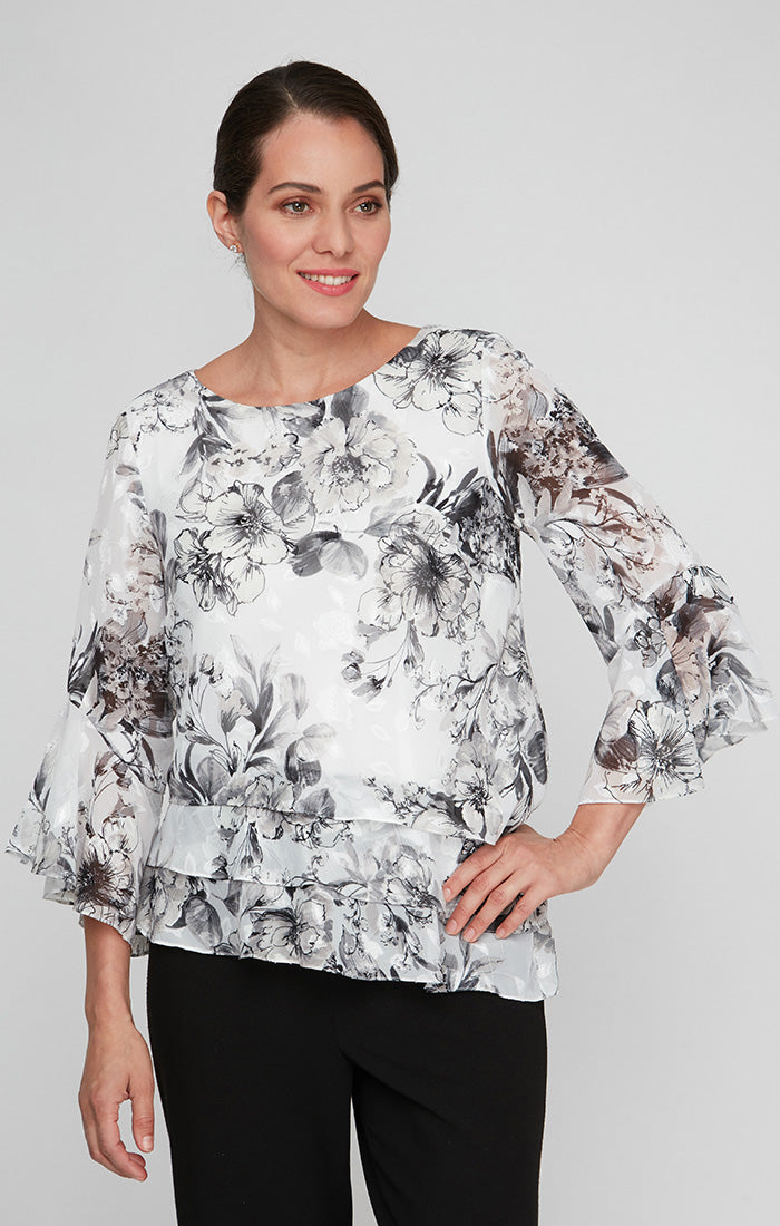 3/4 Sleeve Printed Chiffon Blouse with Bell Sleeves and Asymmetric Triple Tier Hem