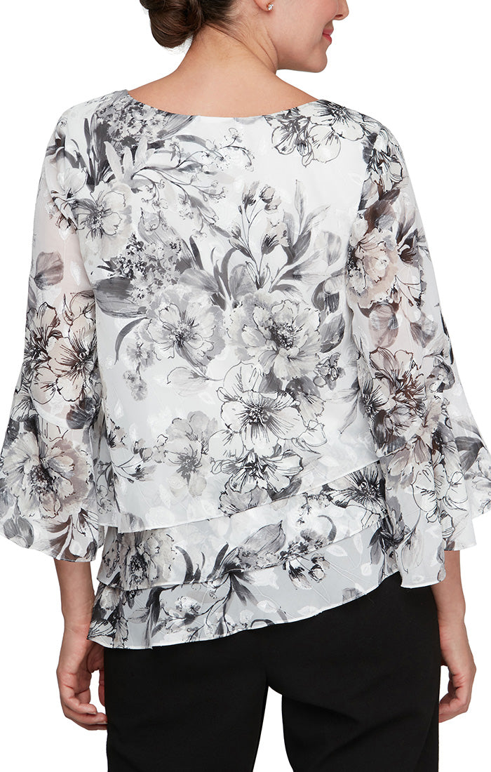 3/4 Sleeve Printed Chiffon Blouse with Bell Sleeves and Asymmetric Triple Tier Hem