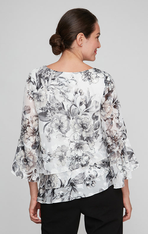 Petite 3/4 Sleeve Printed Chiffon Blouse with Bell Sleeves and Asymmetric Triple Tier Hem