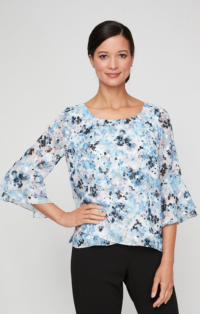 Floral Printed Blouse with Tulip Hem and Bell Sleeves