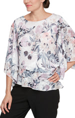 3/4 Sleeve Printed Chiffon Blouse with Asymmetric Hem