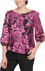 Printed Chiffon Blouse with Illusion Balloon Hem Sleeves and Asymmetric Tiered Hem