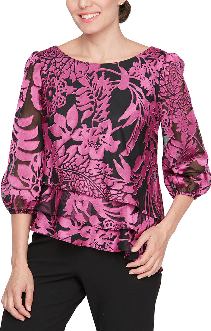 Petite Printed Chiffon Blouse with Illusion Balloon Hem Sleeves and Asymmetric Tiered Hem