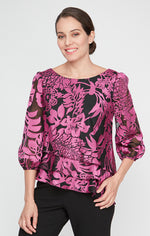 Petite Printed Chiffon Blouse with Illusion Balloon Hem Sleeves and Asymmetric Tiered Hem