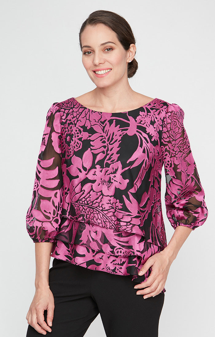 Printed Chiffon Blouse with Illusion Balloon Hem Sleeves and Asymmetric Tiered Hem