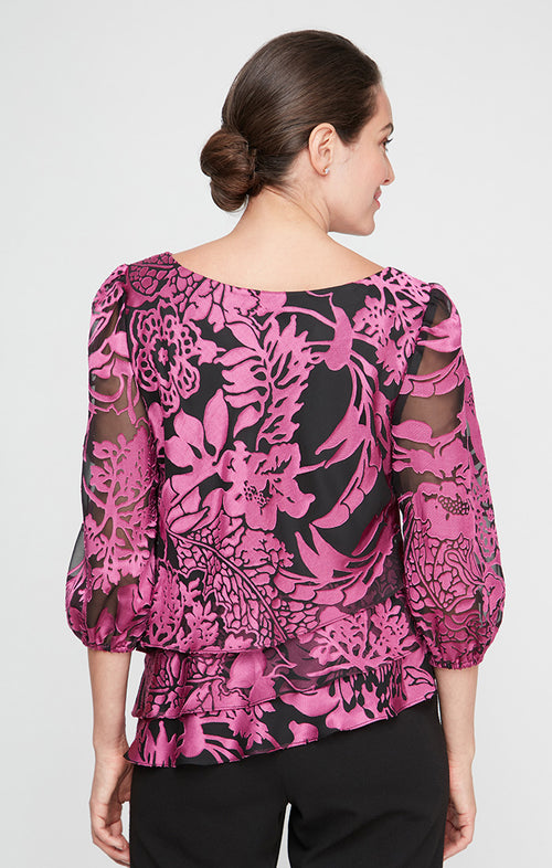 Printed Chiffon Blouse with Illusion Balloon Hem Sleeves and Asymmetric Tiered Hem