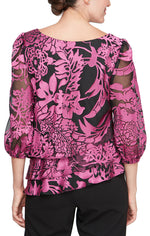 Printed Chiffon Blouse with Illusion Balloon Hem Sleeves and Asymmetric Tiered Hem