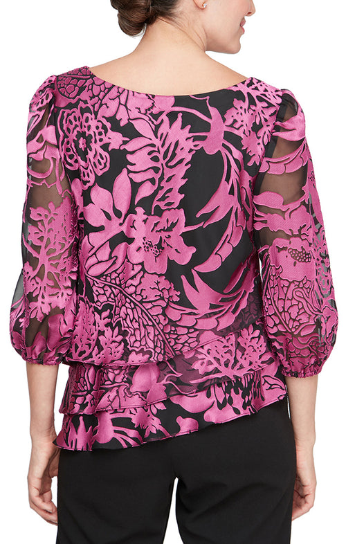 Plus Printed Chiffon Blouse with Illusion Balloon Hem Sleeves and Asymmetric Tiered Hem