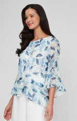 Printed Chiffon Burnout Blouse with Asymmetric Triple Tier Hem and Bell Sleeves