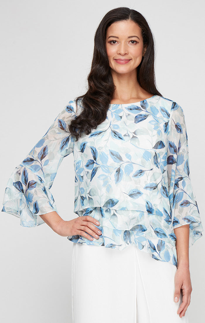 Plus Printed Chiffon Burnout Blouse with Asymmetric Triple Tier Hem and Bell Sleeves