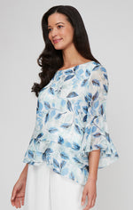 Petite Printed Chiffon Burnout Blouse with Asymmetric Triple Tier Hem and Bell Sleeves