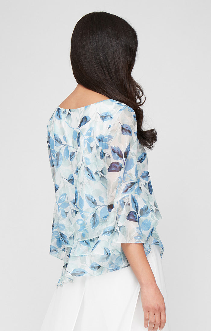 Plus Printed Chiffon Burnout Blouse with Asymmetric Triple Tier Hem and Bell Sleeves