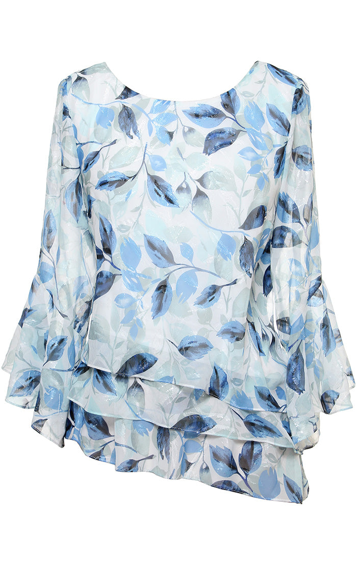 Petite Printed Chiffon Burnout Blouse with Asymmetric Triple Tier Hem and Bell Sleeves