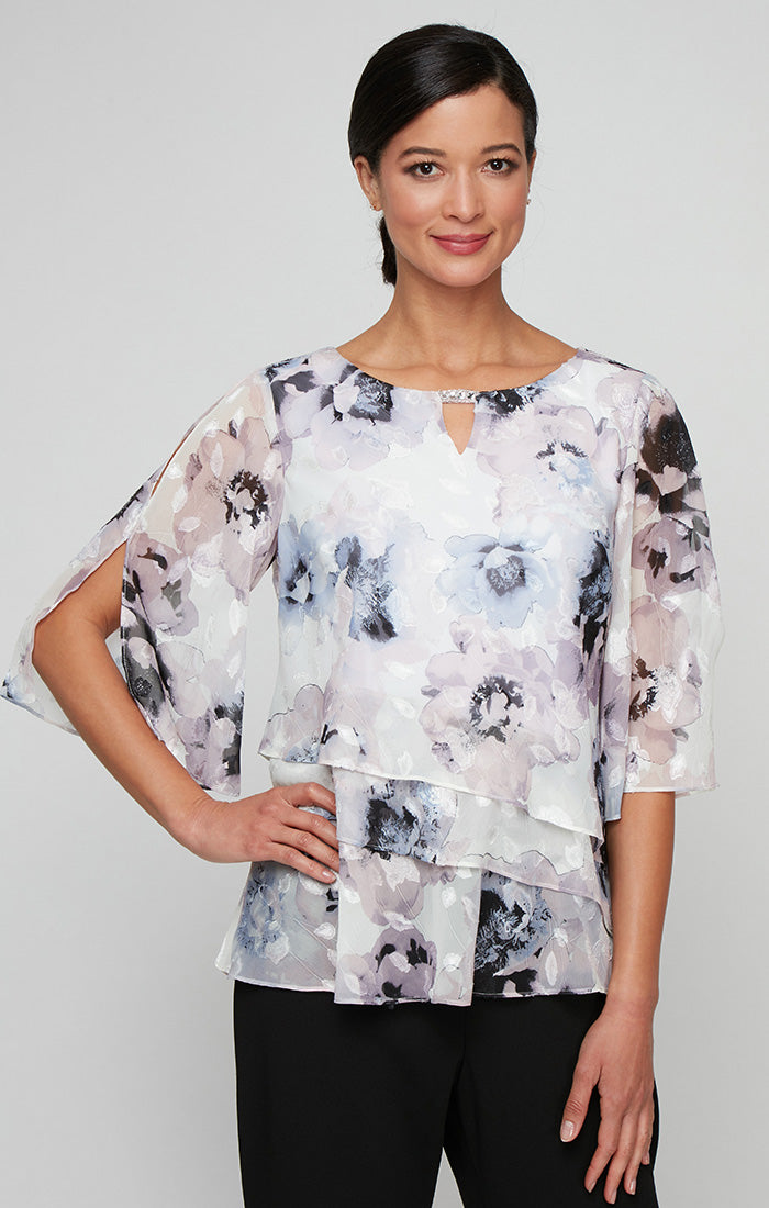 Plus Printed Chiffon Burnout Blouse with Asymmetric Tier Hem Detail and Embellished Cutout Neckline