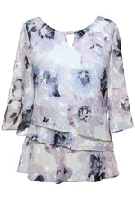 Plus Printed Chiffon Burnout Blouse with Asymmetric Tier Hem Detail and Embellished Cutout Neckline