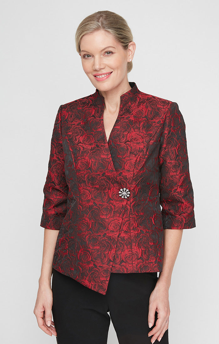 3/4 Sleeve Printed Jacquard Blouse with Asymmetric Hem & Decorative Closure