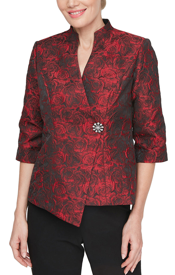 3/4 Sleeve Printed Jacquard Blouse with Asymmetric Hem & Decorative Closure