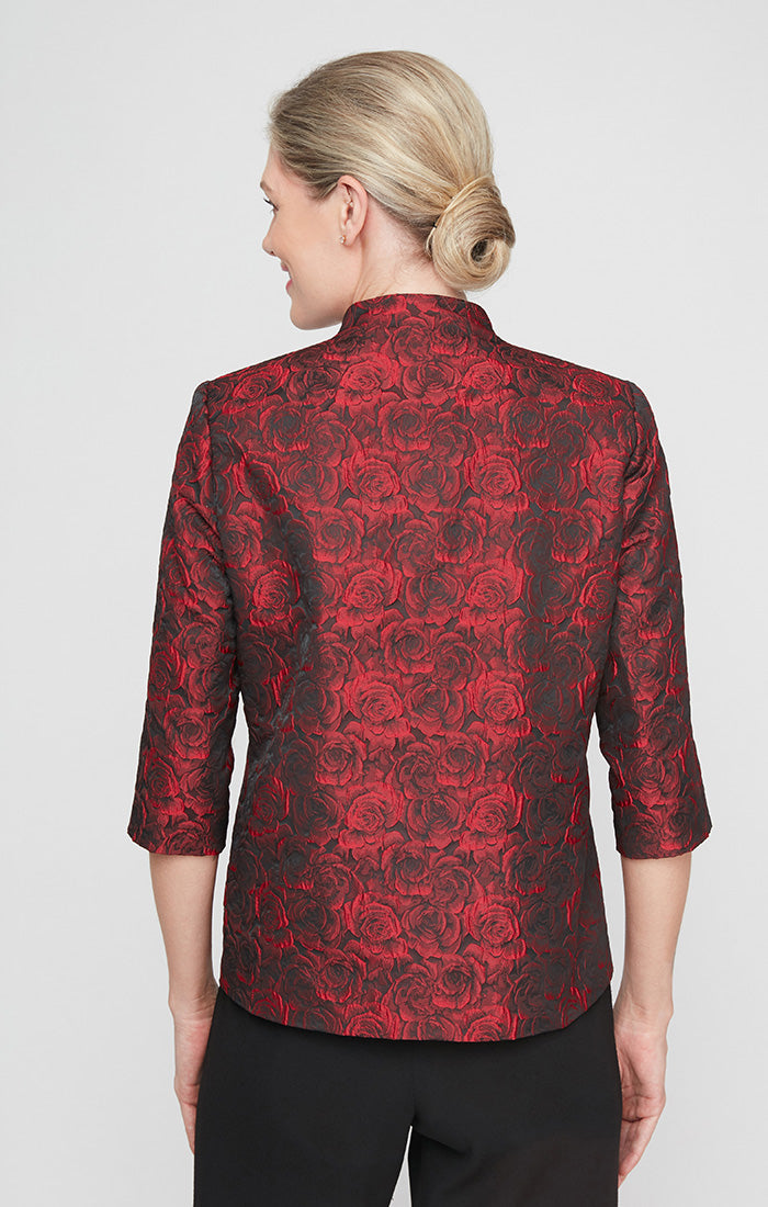 3/4 Sleeve Printed Jacquard Blouse with Asymmetric Hem & Decorative Closure