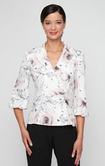 Petite Printed Jacquard Knit Side Closure Blouse with Bubble Hem Sleeves