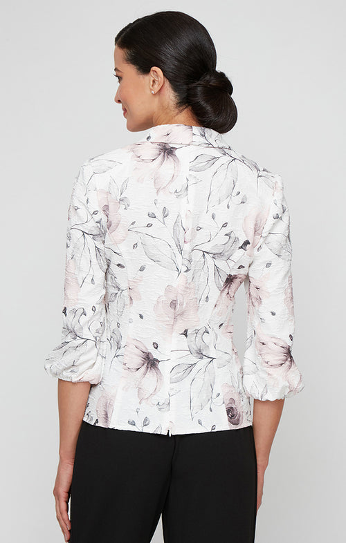 Plus Printed Jacquard Knit Side Closure Blouse with Bubble Hem Sleeves