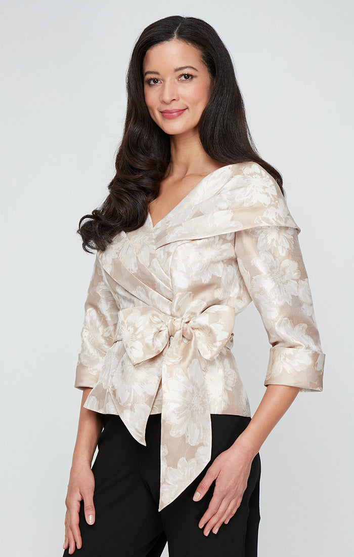 3/4 Sleeve Printed Jacquard Blouse with Portrait Collar Neckline, Cuff Detail and Tie Waist