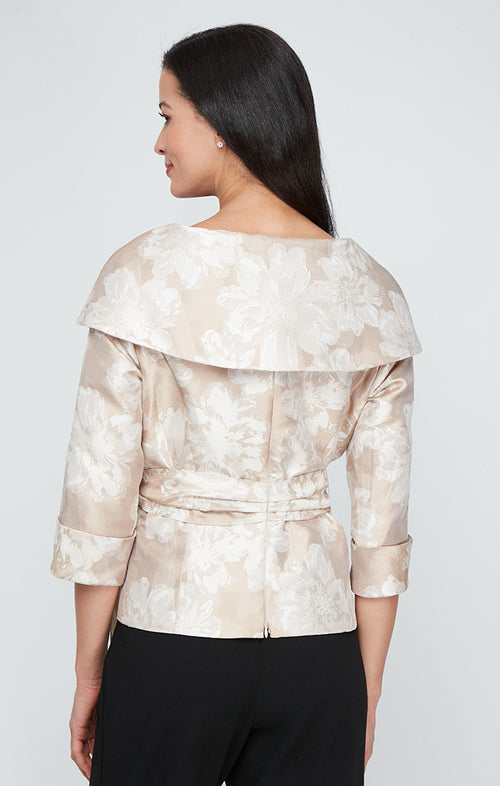 3/4 Sleeve Printed Jacquard Blouse with Portrait Collar Neckline, Cuff Detail and Tie Waist