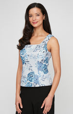 Petite 3/4 Sleeve Printed Jacquard Twinset with Square Neck Tank and Center Front Closure Jacket