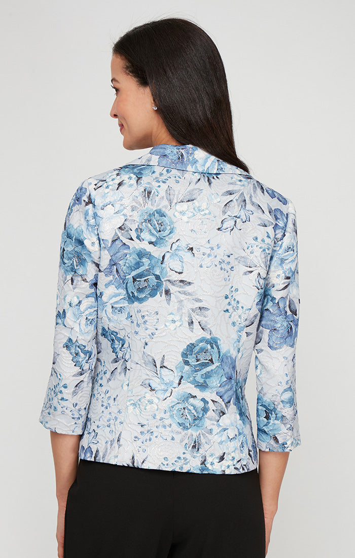 Petite 3/4 Sleeve Printed Jacquard Twinset with Square Neck Tank and Center Front Closure Jacket