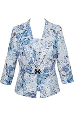 Petite 3/4 Sleeve Printed Jacquard Twinset with Square Neck Tank and Center Front Closure Jacket