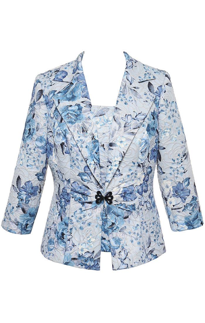 Petite 3/4 Sleeve Printed Jacquard Twinset with Square Neck Tank and Center Front Closure Jacket