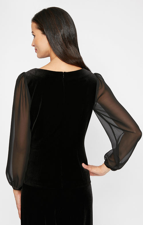 3/4 Sleeve Velvet Blouse with Embellished Ruched Waist Detail & Illusion Sleeves